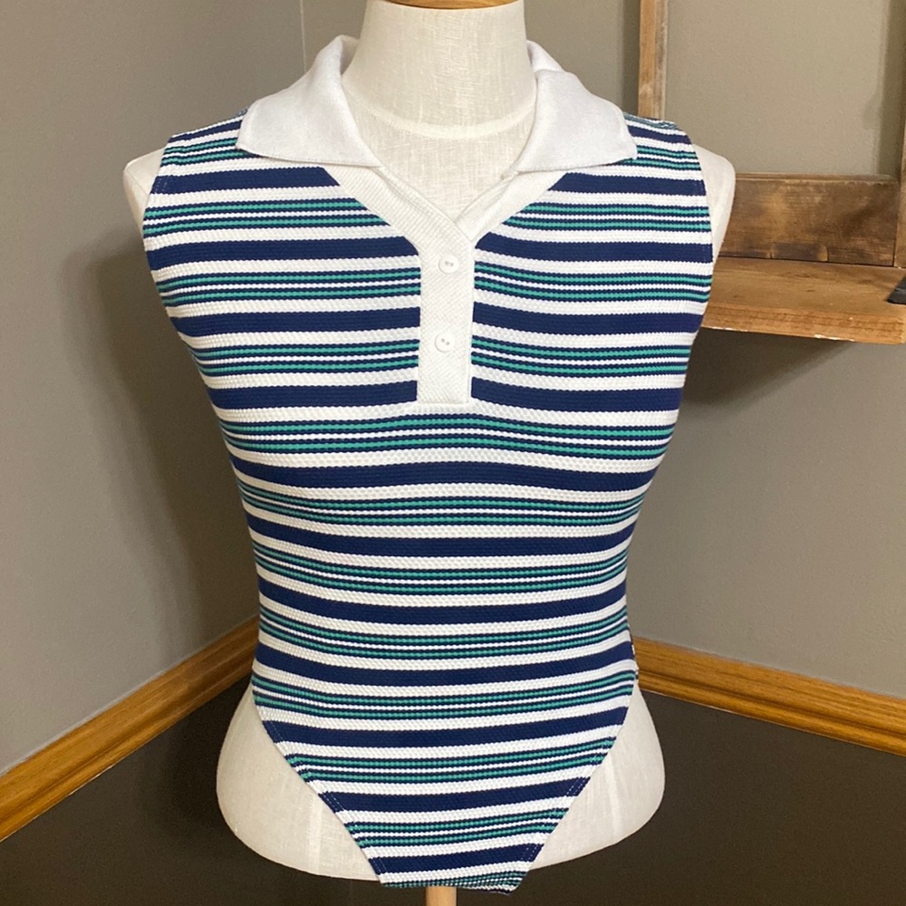 Aerodynamics white, green, & blue striped sleeveless body suit size L